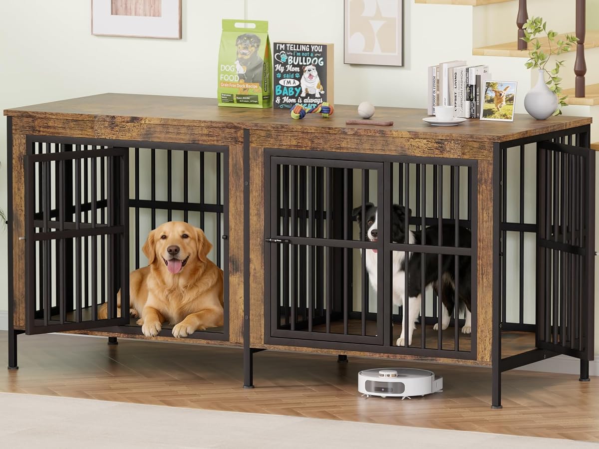 78" Double Dog Crate Furniture for Medium/Large Dogs, Brown, Thick wood
