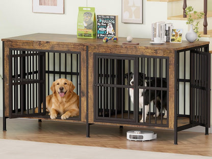 78" Double Dog Crate Furniture for Medium/Large Dogs, Brown, Thick wood