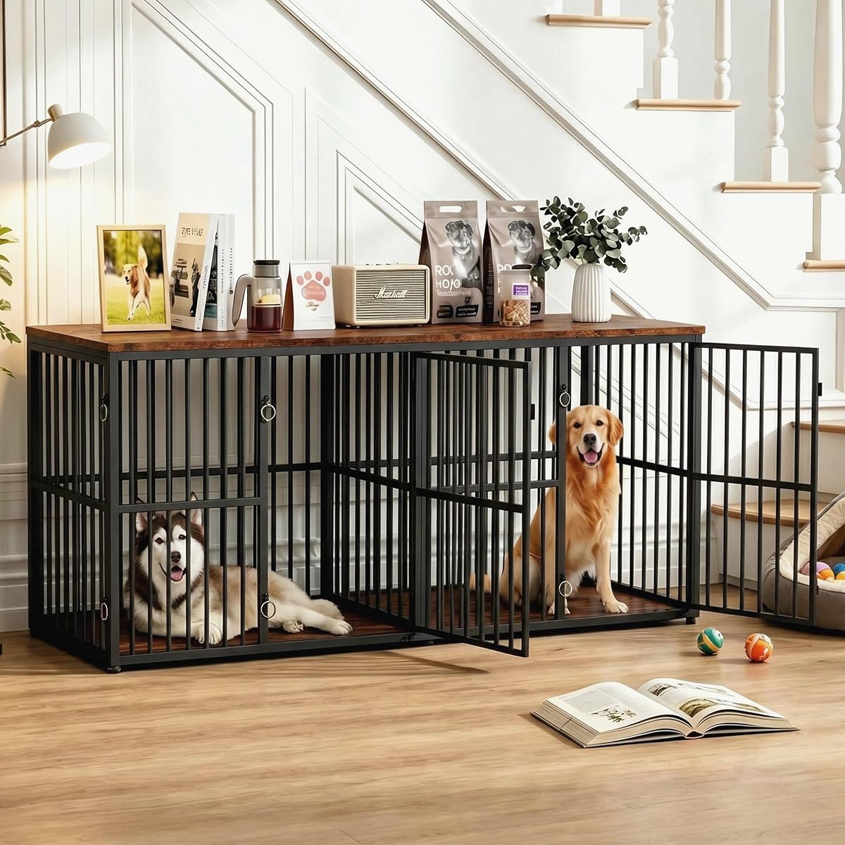 86.7" Double Dog Crate Furniture for 2 Large Dogs, Rustic Brown