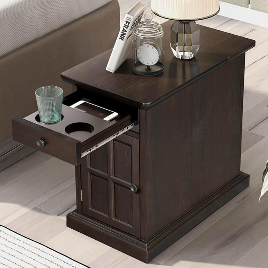 Traditional Wood Side End Table w/ Storage & Charging Station, Espresso | Vintage Nightstand, Drawer, Door Cabinet, AC Outlets & USB Ports, Cup Holder, No Assembly, for Living Room Bedroom