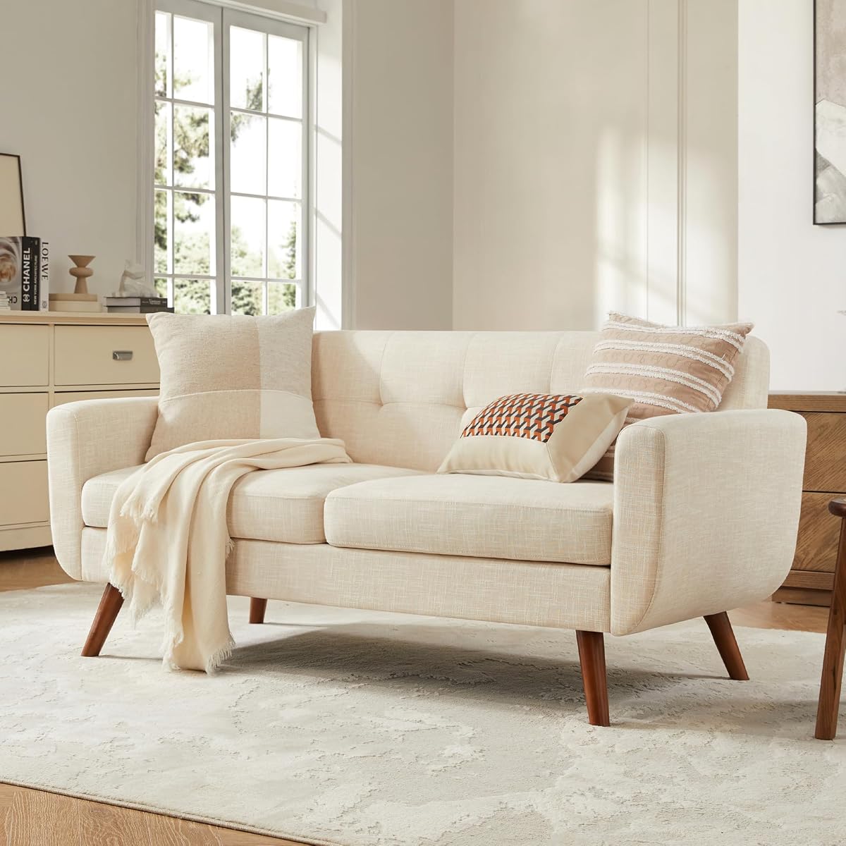 65" W Loveseat Sofa, Mid Century Modern Decor Love Seat Couches for Living Room, Button Tufted Upholstered Small Couch for Bedroom, Solid and Easy to Install Love Seats Furniture, Beige