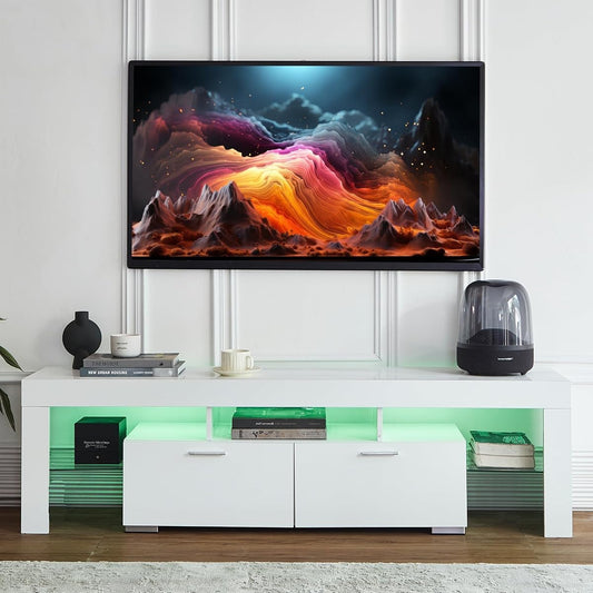 White LED TV Stand for 75 Inch TV, High Gloss Entertainment Center with Storage Drawer, Console Table for Living Room, Bedroom