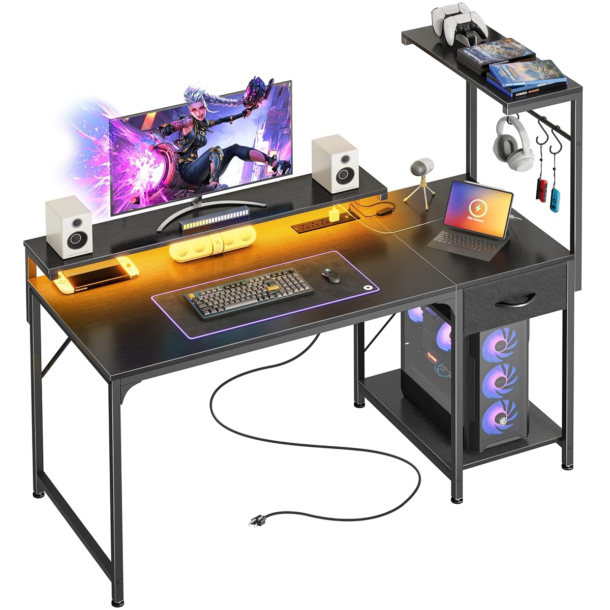 47.2 Inch Gaming Desk with LED Lights & Power Outlets