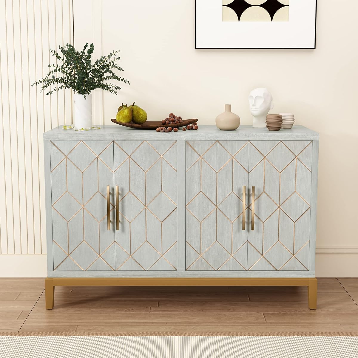 48" Accent Cabinet with 4 Doors and Shelves, Modern Credenza Storage Cabinet with Gold Trim, Green Buffet Cabinet for Living Room, Kitchen, Dining Room, Hallway