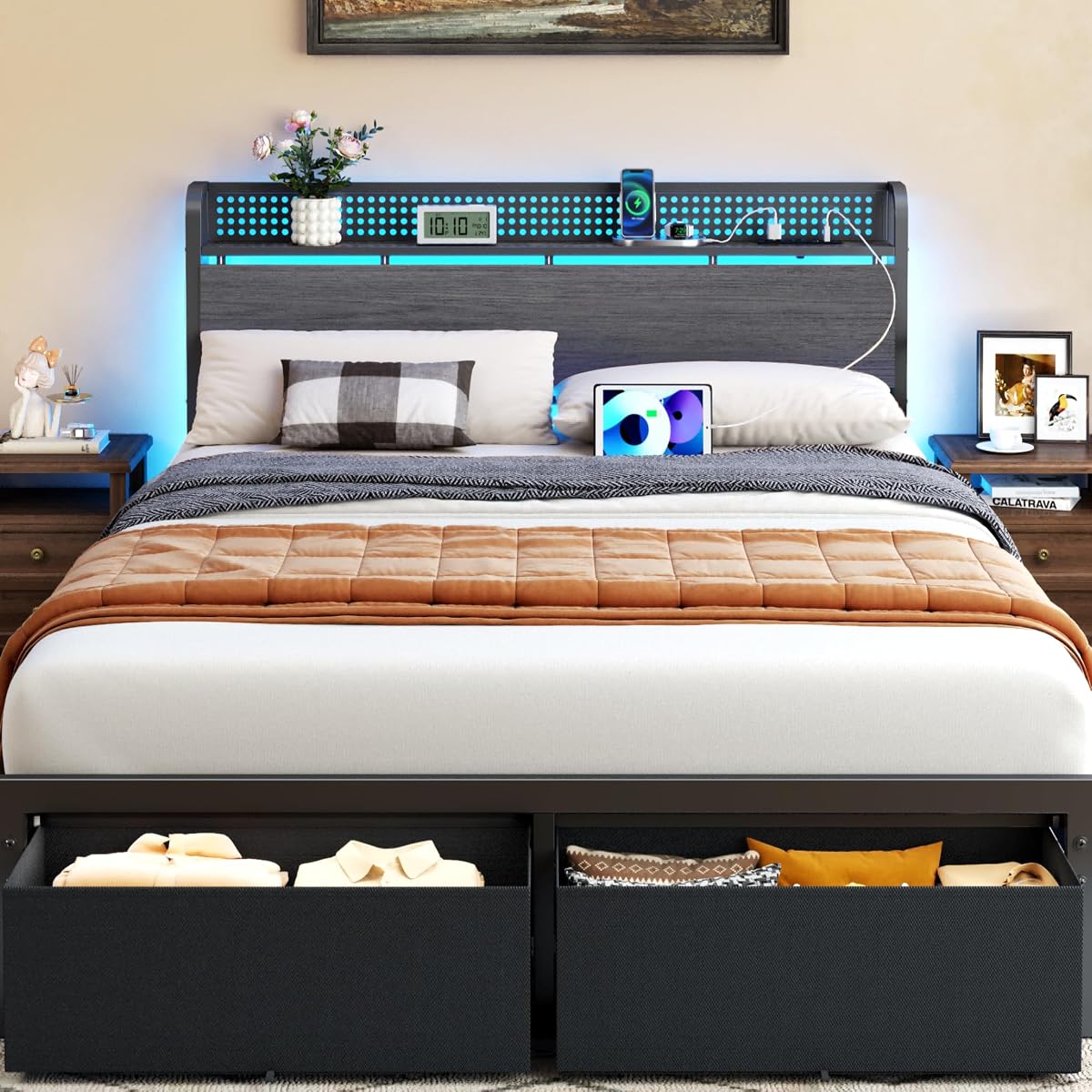 Queen Bed Frame with Storage Headboard, Charging Station, 2 Drawers