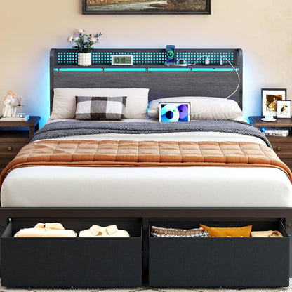Queen Bed Frame with Storage Headboard, Charging Station, 2 Drawers