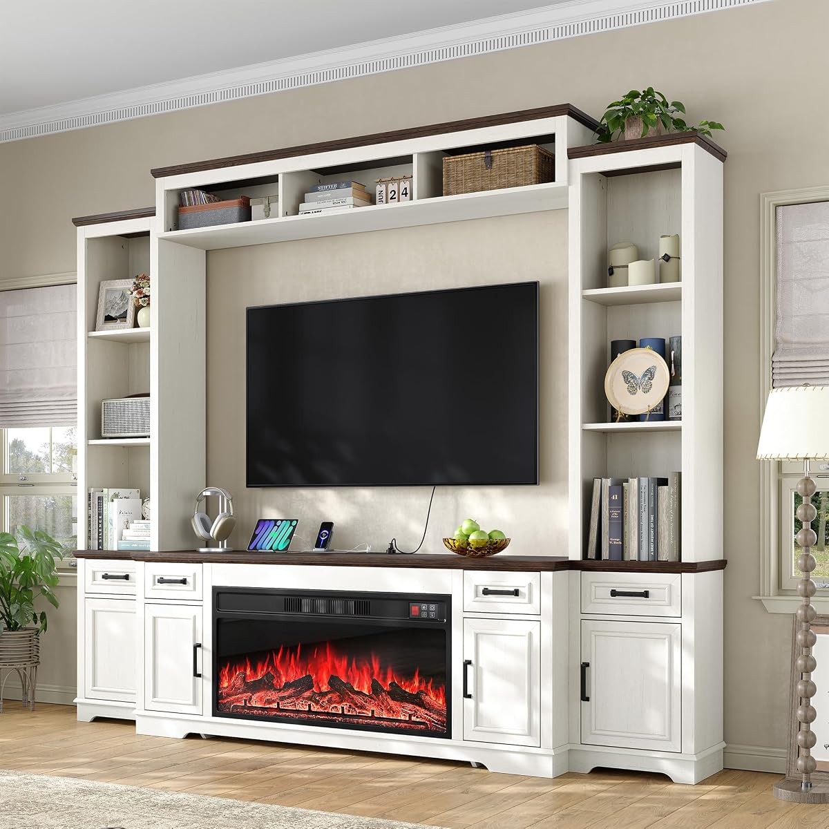 94" Farmhouse Entertainment Center TV Stand with 36" Fireplace