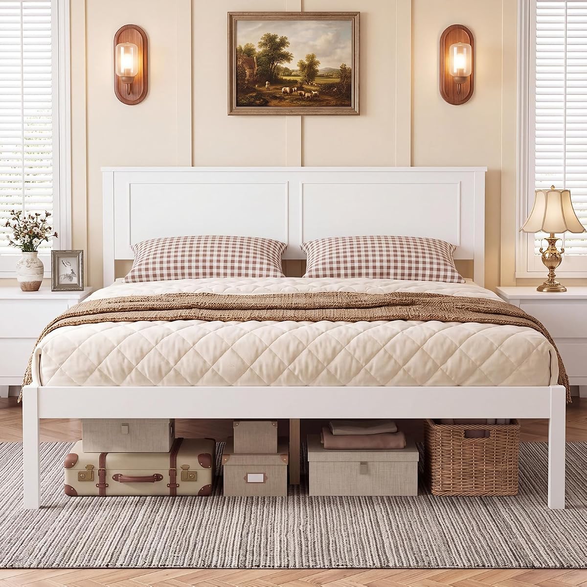 Queen Size Wooden Bed Frame with Headboard, White