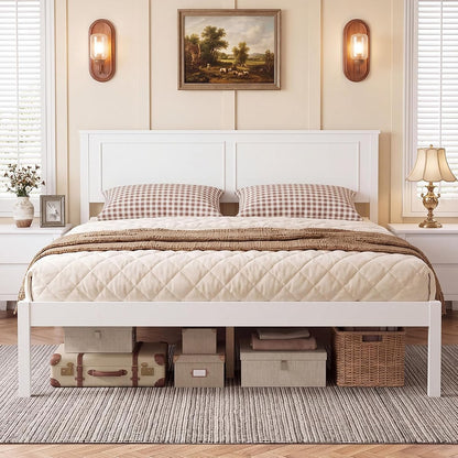 Queen Size Wooden Bed Frame with Headboard, White