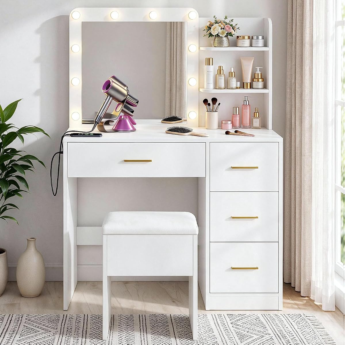 White Vanity Desk with Lighted Mirror and 4 Drawers