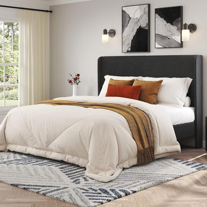 Full Bed Frame, Upholstered Platform Bed with Corduroy Headboard, Black
