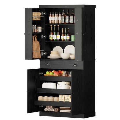 Kitchen Pantry Cabinet 72" Height, Freestanding Cupboard with Drawer, Sliding Storage Rack, and 6 Hanging Shelves for Dining Room, Laundry, Living Room, Black