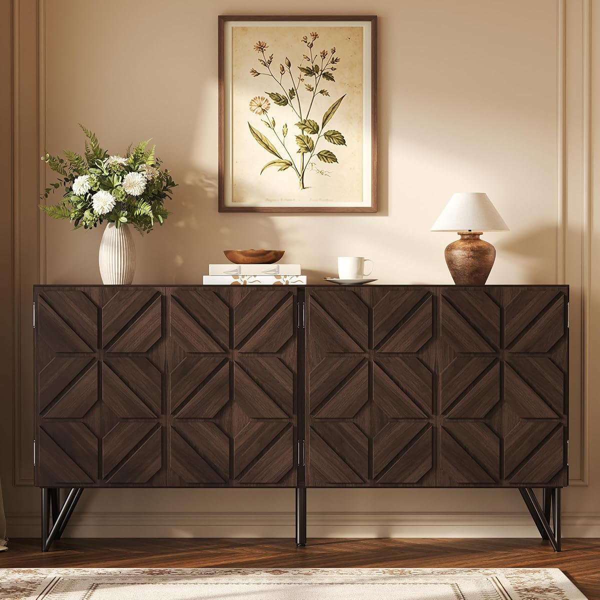 63" Solid Wood Buffet Cabinet with Hand Carved Doors, Dark Walnut