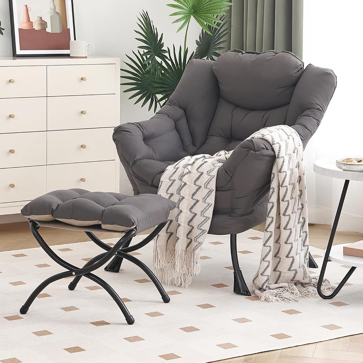 Lazy Chair with Ottoman, Modern Chair with Folding Footrest, Dark Grey Accent Chair, Comfortable Reading Chair, Oversized Armchairs for Bedroom, Study, Living Room, Courtyard