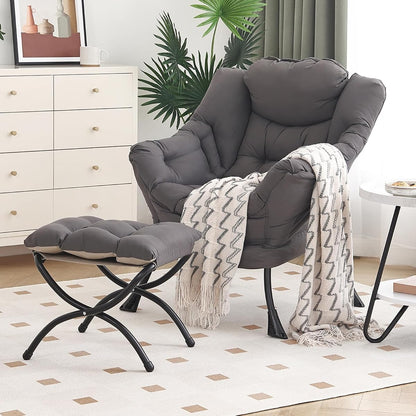 Lazy Chair with Ottoman, Modern Chair with Folding Footrest, Dark Grey Accent Chair, Comfortable Reading Chair, Oversized Armchairs for Bedroom, Study, Living Room, Courtyard