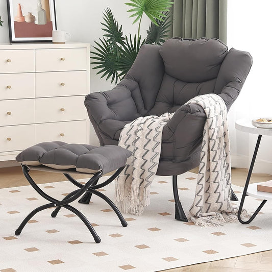 Lazy Chair with Ottoman, Modern Chair with Folding Footrest, Dark Grey Accent Chair, Comfortable Reading Chair, Oversized Armchairs for Bedroom, Study, Living Room, Courtyard