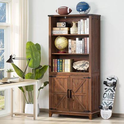 Farmhouse 70in Tall Bookshelf 5 Tier Bookcase, Barn Doors, Brown