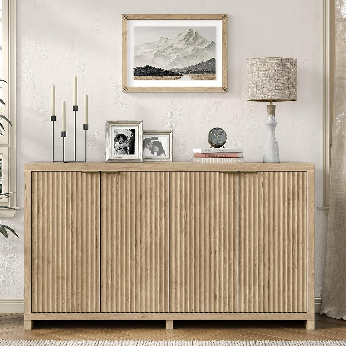 55 inch Oak Fluted Sideboard Buffet Cabinet with 4 Doors, Adjustable Shelves