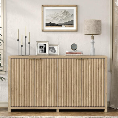 55 inch Oak Fluted Sideboard Buffet Cabinet with 4 Doors, Adjustable Shelves