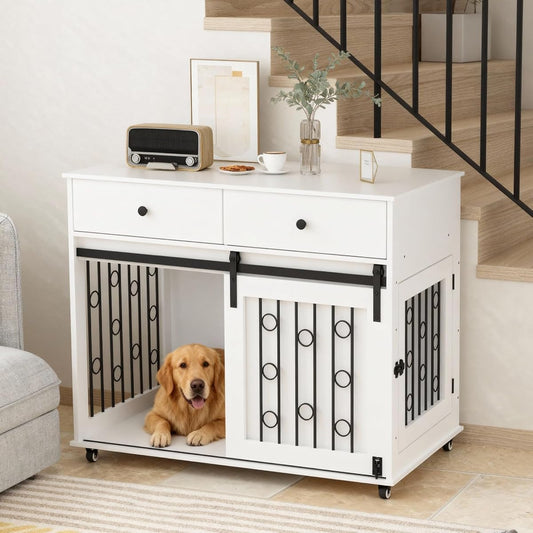 Modern Wooden Dog Crate Furniture with Sliding Barn Door