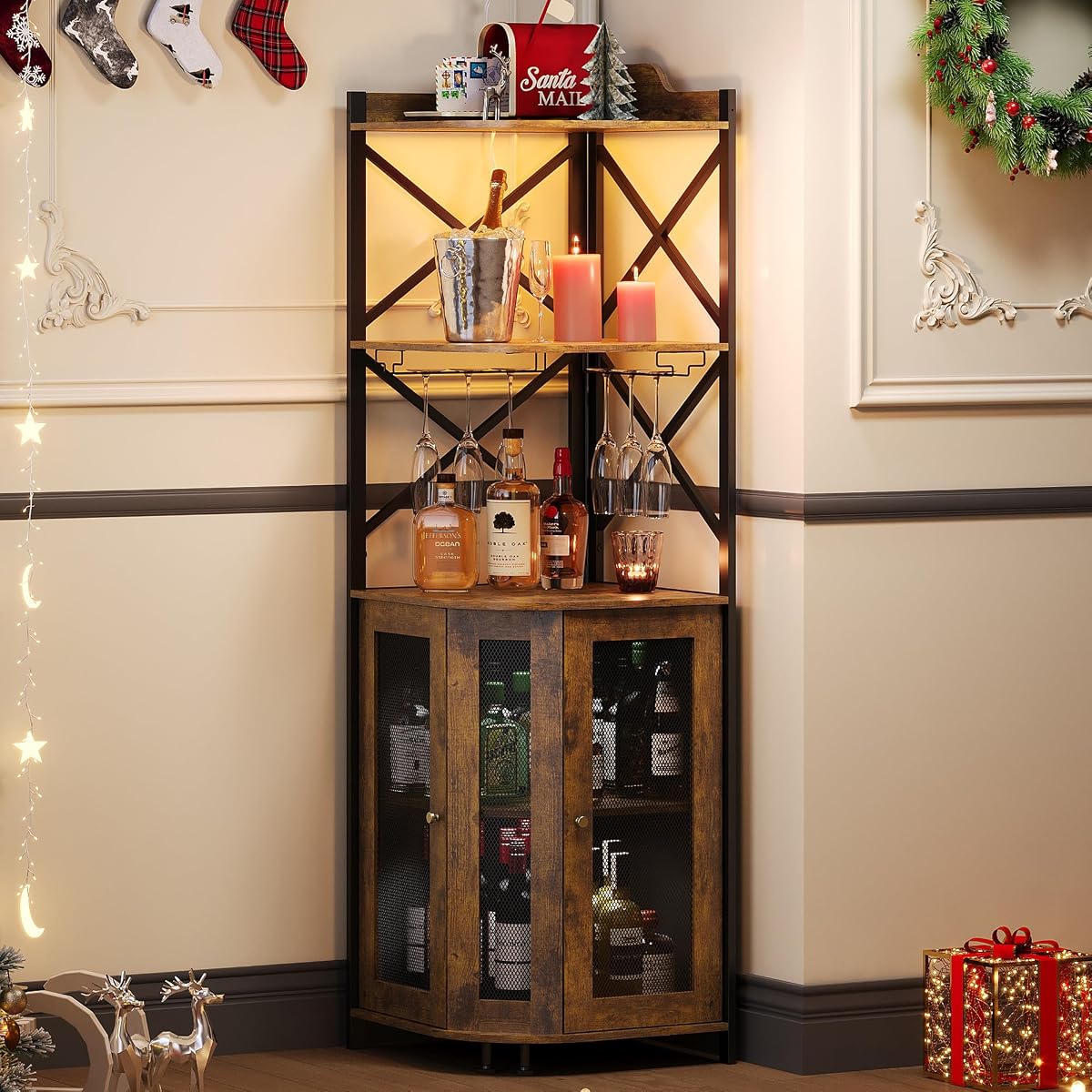 Corner Bar Cabinet with LED Lights, 5-Tier Industrial Wine Bar Cabinet with Glass Holder, Farmhouse Liquor Cabinets with Shelf and Door, Home Bar for Coffee Bars, Rustic Brown