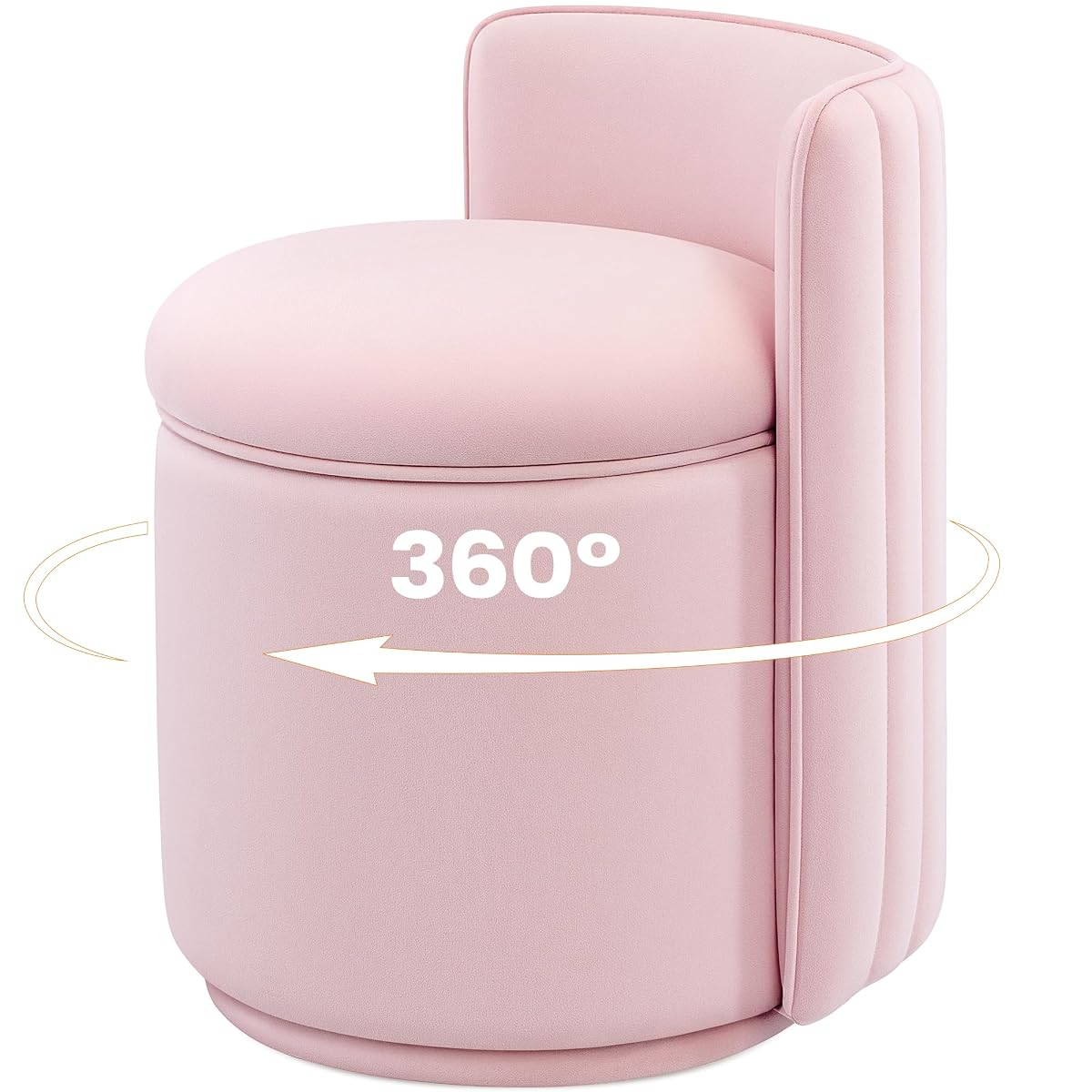 Vanity Chair with Storage, 360° Swivel Velvet Makeup Stool with Wave Backrest, Modern Round Upholstered Closet Stool, No Assembly for Bedroom, Dressing Room & Living Room, Pink
