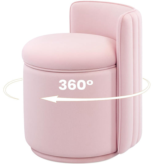 Vanity Chair with Storage, 360° Swivel Velvet Makeup Stool with Wave Backrest, Modern Round Upholstered Closet Stool, No Assembly for Bedroom, Dressing Room & Living Room, Pink