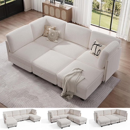 Modular Sectional Sofa with Adjustable Backrest, Convertible L/U-Shaped Sleeper Couch for Living Room, Cloud Sofa Bed Modern Reversible Design, Beige