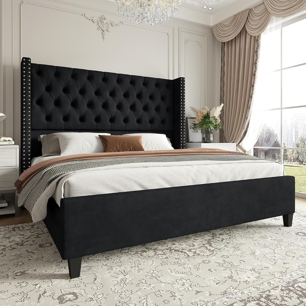 Queen Size Bed Frame with 51.6" Velvet Wingback Headboard, Black