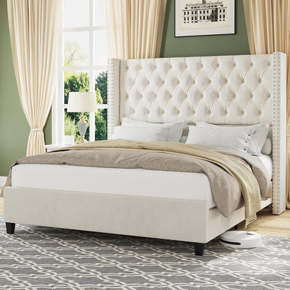 Queen Bed Frame with 51.6" Tall Upholstered Headboard,Cream