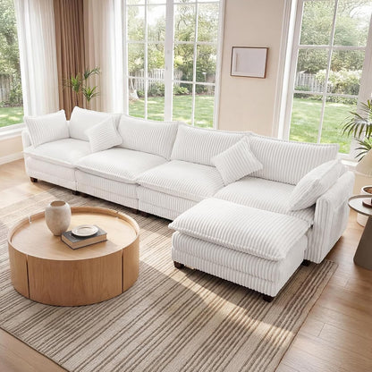 143" L Shaped Modular Sectional Sofa, Comfy Corduroy Upholstered Modular Sectional Couches for Living Room, Modern Cloud Couch with Ottoman Deep Seat, Warm White