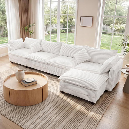 143" L Shaped Modular Sectional Sofa, Comfy Corduroy Upholstered Modular Sectional Couches for Living Room, Modern Cloud Couch with Ottoman Deep Seat, Warm White