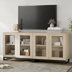 Modern TV Stand with Glass Doors for 40-70 inch TVs, 2 in 1 Entertainment Center Console with Adjustable Shelves and Metal Base for Living Room, Bedroom, Beige