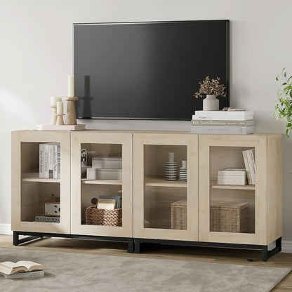 Modern TV Stand with Glass Doors for 40-70 inch TVs, 2 in 1 Entertainment Center Console with Adjustable Shelves and Metal Base for Living Room, Bedroom, Beige