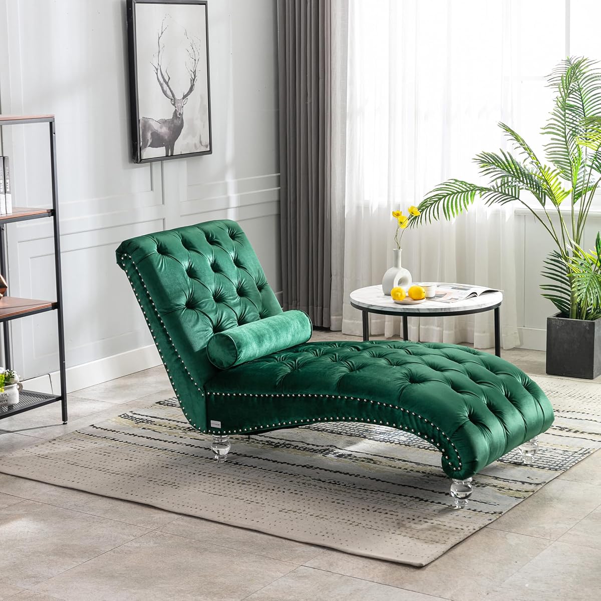 Chaise Lounge Chair Indoor Emerald Velvet Upholstered Button Tufted Chaise