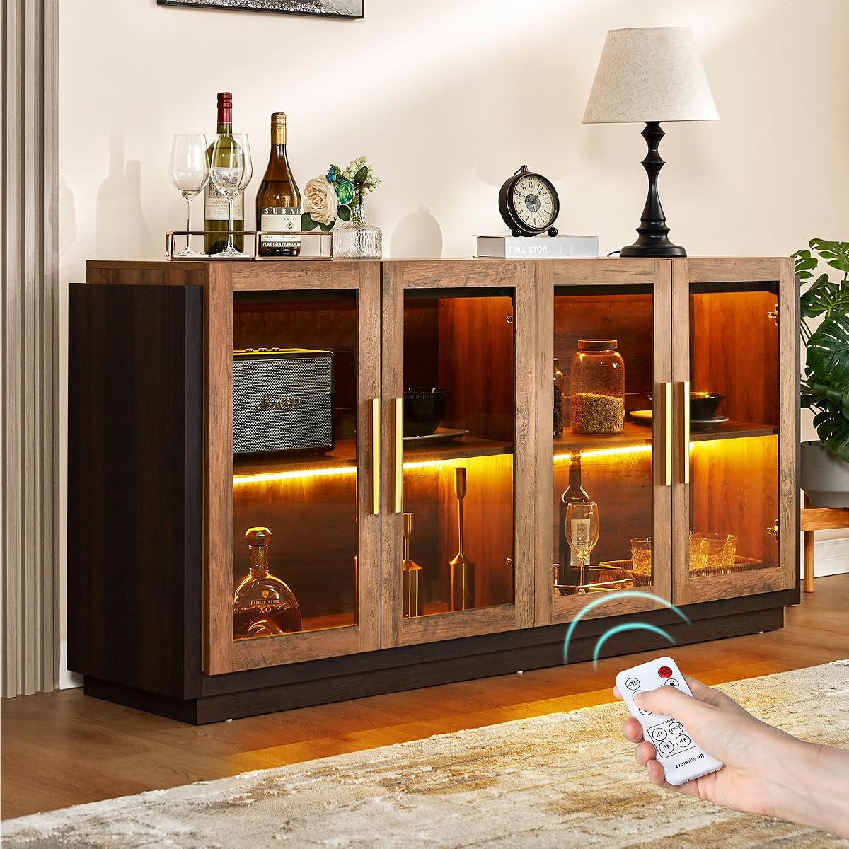 64" Sideboard Buffet Cabinet with Glass Doors & LED Lights, Brown