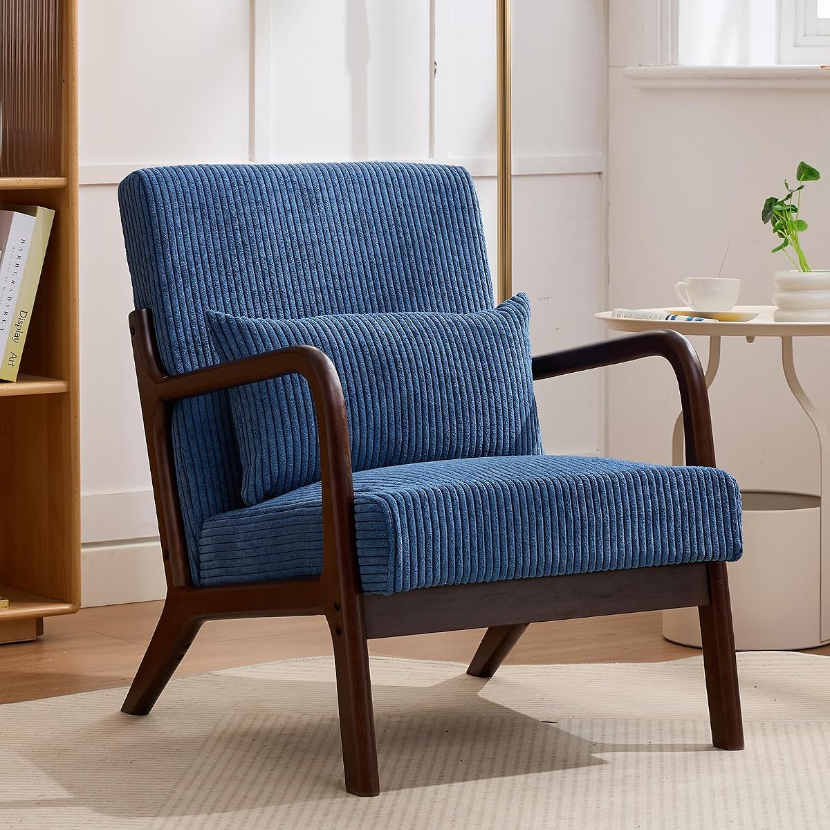 Mid Century Modern Corduroy Accent Chair, Living Room Chairs with Lumbar Pillow Boho Arm Chiar Reading Chair with Solid Wood Frame for Living Room Bedroom
