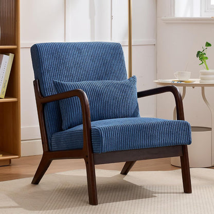 Mid Century Modern Corduroy Accent Chair, Living Room Chairs with Lumbar Pillow Boho Arm Chiar Reading Chair with Solid Wood Frame for Living Room Bedroom