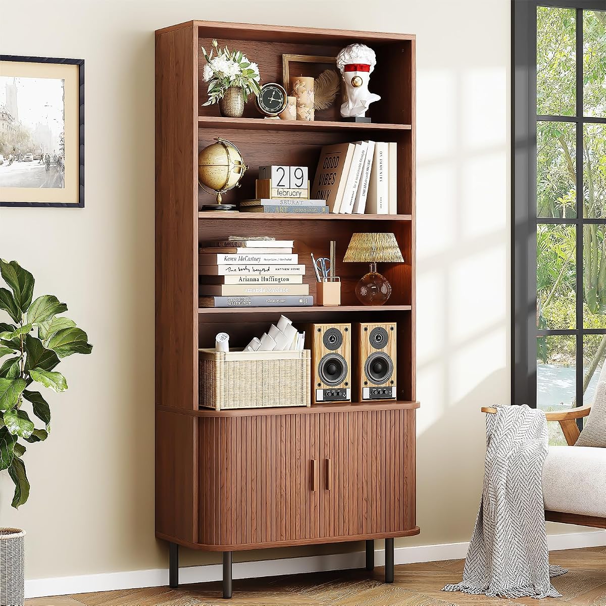 71" Bookshelf with Sliding Door, Bookcase Storage Cabinet, Walnut