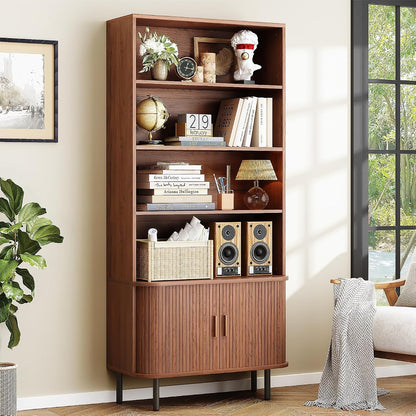 71" Bookshelf with Sliding Door, Bookcase Storage Cabinet, Walnut