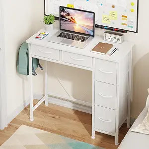 33" Small Computer Desk with 5 Fabric Drawers, White, 14.2" D, view 2