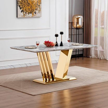 Marble Dining Table for 6 People, 70'' Rectangle Faux Marble Dining Table with Mirrored Stainless Steel Base, Large Size Marble Kitchen Table (Gold,Grey)(only Table)