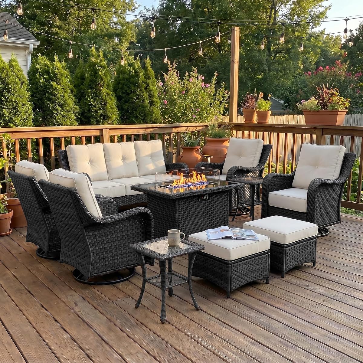 10 Piece Wicker Outdoor Furniture Set with 6-inch Comfy Cushions, High Back Patio Furniture Set with Swivel Rocking Chairs and Fire Pit Table