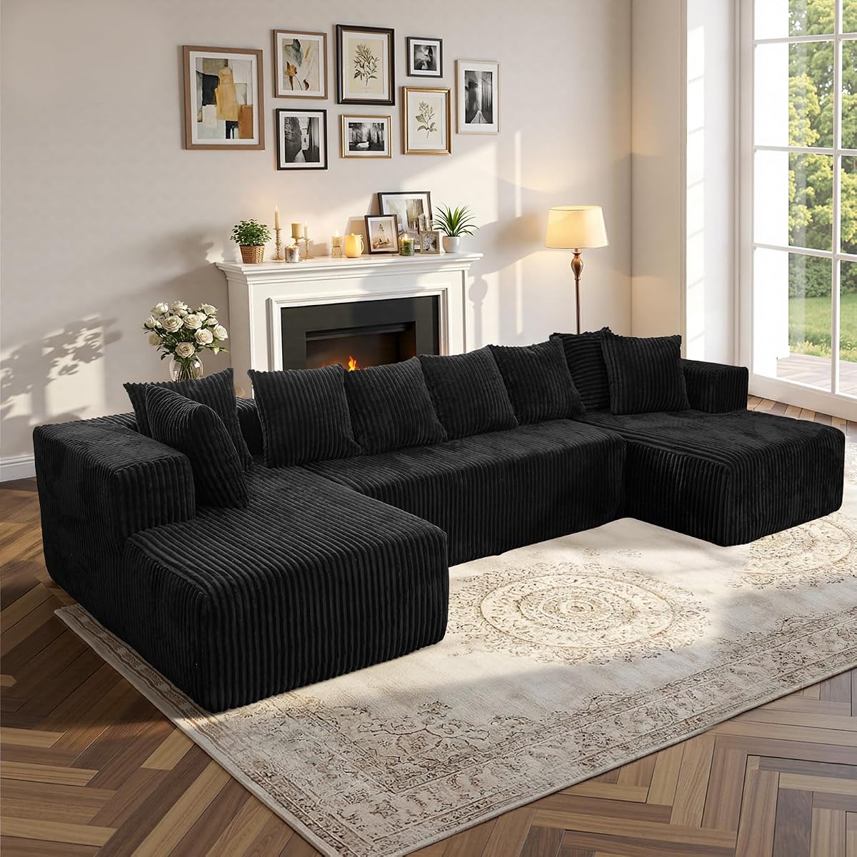 130" U Shaped Boneless Couch, Cloud Boneless Sectional Couches for Living Room, Modular Spineless Sofa Bed with Deep Seat, High Density Foam Floor Couch with 8 Pillows No Assembly, Black Corduroy