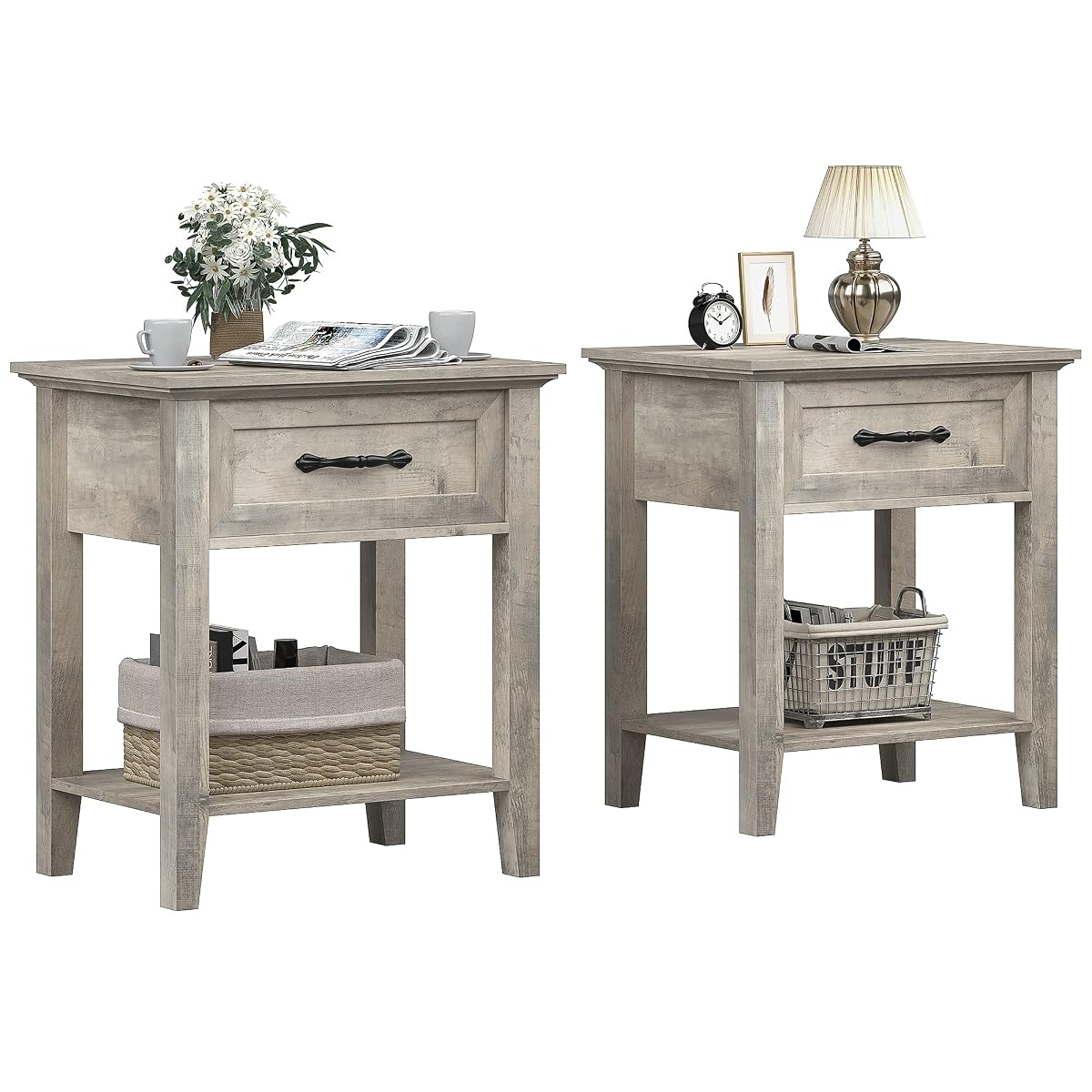 Grey Nightstands Set of 2, End Table with Drawer, Side Table for Spaces, 2 Tiers Storage Shelves with Dresser, Bedside Table for Living Room, Bedroom, Dorm (2pcs-Grey)