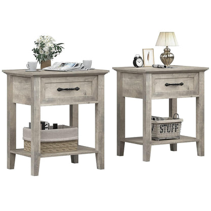 Grey Nightstands Set of 2, End Table with Drawer, Side Table for Spaces, 2 Tiers Storage Shelves with Dresser, Bedside Table for Living Room, Bedroom, Dorm (2pcs-Grey)