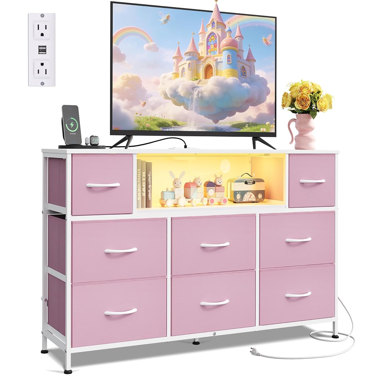 LED Dresser TV Stand for 55 Inch TV, 8 Fabric Drawers, Pink Dresser