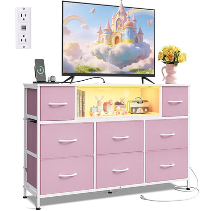 LED Dresser TV Stand for 55 Inch TV, 8 Fabric Drawers, Pink Dresser