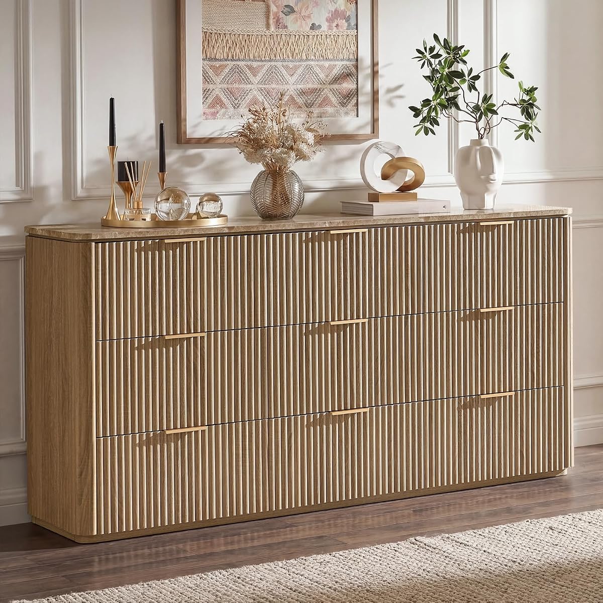63"W Fluted 9 Drawer Bedroom Dresser, with Faux Marble Top,Natural Oak
