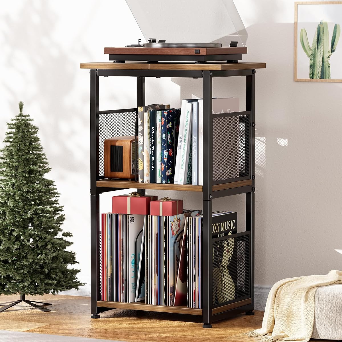 Record Player Stand, 3 Tiers Tall Side Table, Turntable Table with Vinyl Record Storage Up to 200 Albums, Rustic Brown